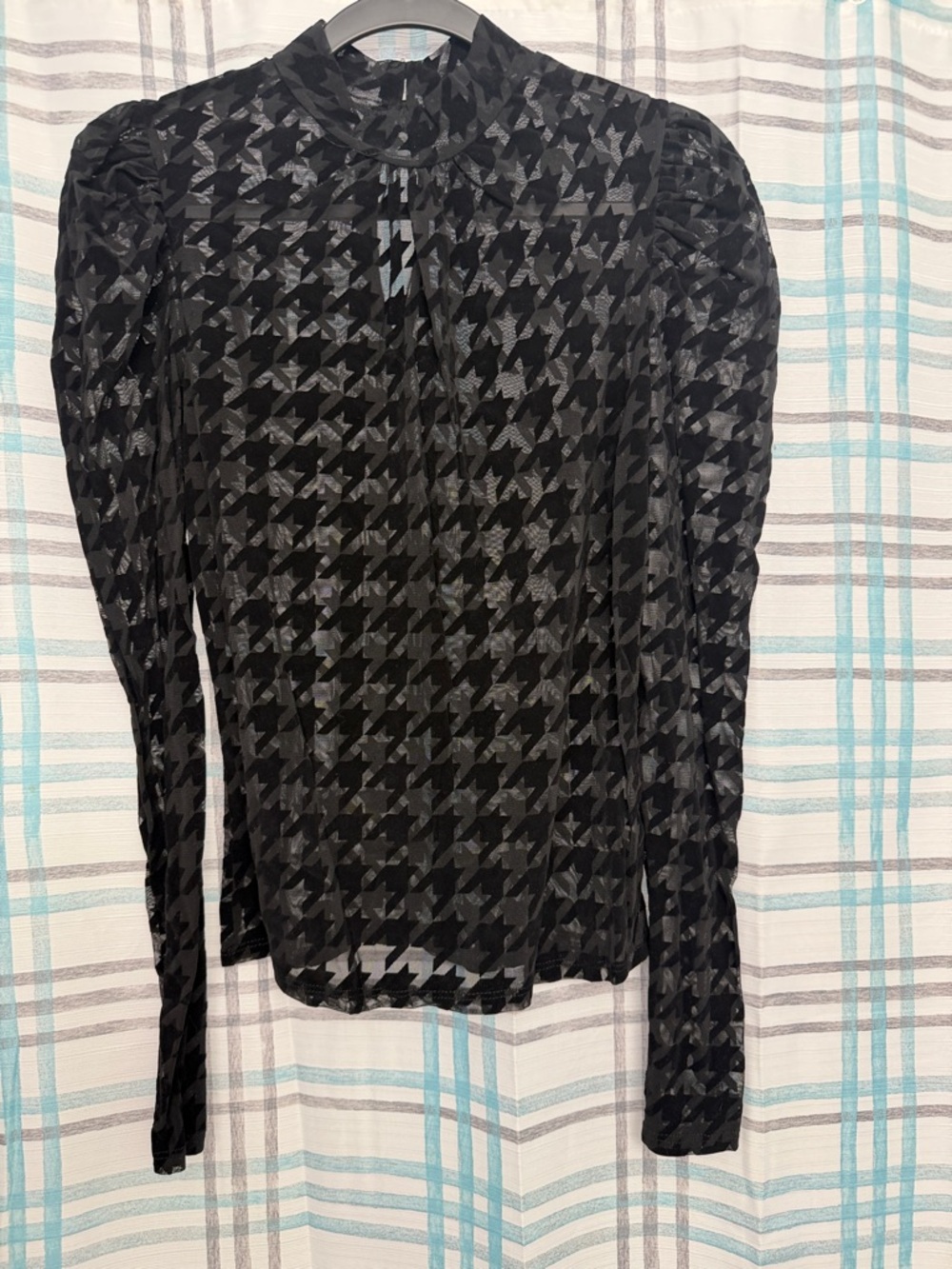 Sheer Houndstooth Long Sleeve Top - Black